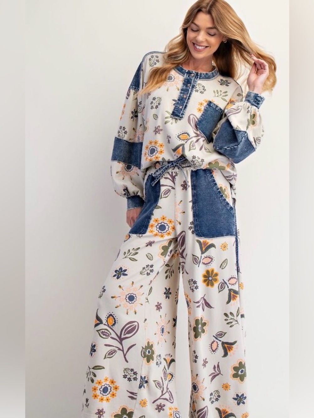 Easel Floral Patchwork Wide-Leg Jumpsuit - Cream/Blue Denim